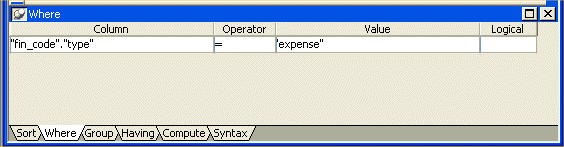 Shown is the Where tab. Under Column is the entry " fin _ code " dot " type ". Under Operator is an equal sign, and under Value is the entry " expense ".  Logical is blank.
