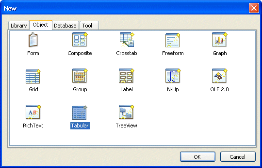 Shown is the Object tab of the New dialog box with labeled icons for Form, Composite, Cross tab, Free form, Graph, Grid, Group, Label, N Up, OLE 2 dot 0, Rich Text, and Tabular. Tabular is circled.