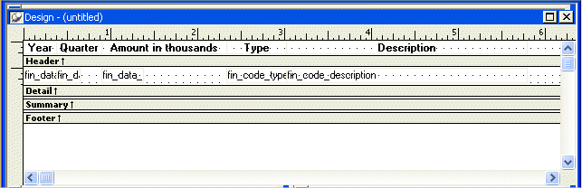 Shown is a dialog box summarizing all the specifications entered in the lesson. The Header band shows the text Year, Quarter, Amount in thousands, Type, and Description. The Detail band partially shows the names of the objects that will display under each header, such as fin _ doc _ description under Description.