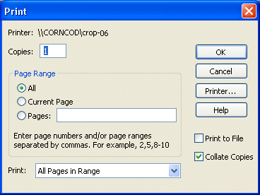 Shown is the Print dialog box with the default setting for Printer name, Copies set to 1, Page Range set to All, and Print All Pages in Range.