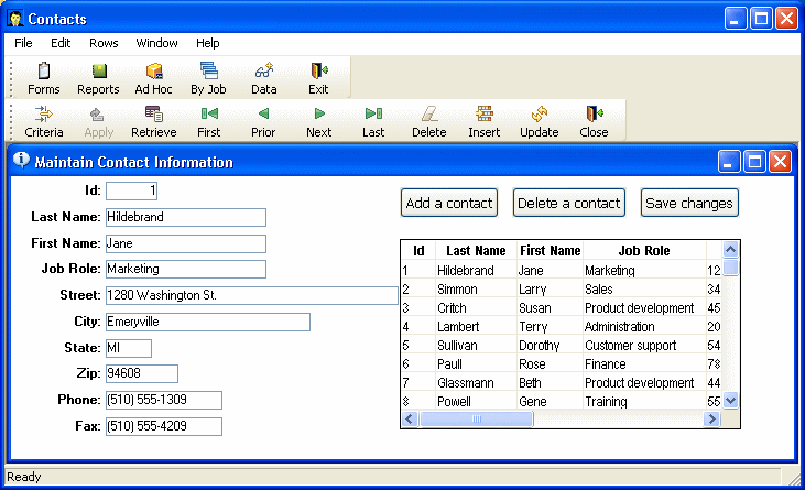 Shown is the Contacts application screen with a completed form titled Maintain Contact Information. At left are labeled text fields with actual data for a contact. Across the top right are buttons labeled Add a contact, Delete a contact, and Save changes. Under them is a scrollable table of contacts. Visible are columns of data labeled ID, Last Name, First Name, and Job Role. 