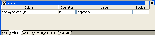 The sample shows the Table layout view. Within D B A dot employee, four columns are selected. At the bottom  the Where view is open. The column  is displayed as " D B A " dot " employee " dot " dept _ i d " , the Operator as in, and the Value as : dept array.