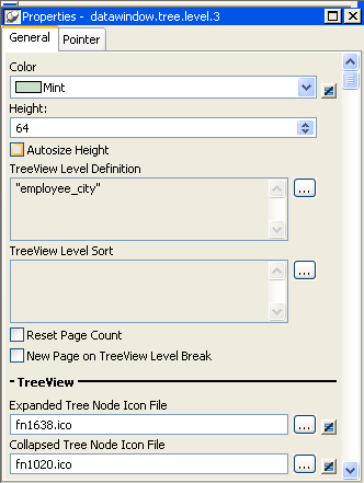 The TreeView level properties view lets you specify icons for the level.