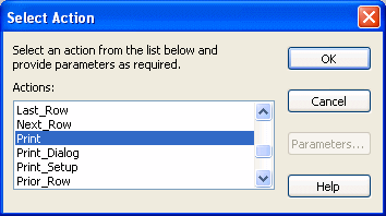The sample shows the Select Action dialog box. Text at the top says "Select an action from the list below and provide parameters as required." A drop down list labeled Actions shows the Print action highlighted.