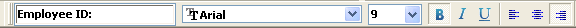 Shown is the Style Bar. At left is a box with the text entry Birth Date:, then a drop down list box for font with a T icon and the entry Arial, next a drop down for point size with the entry 9, then buttons for Bold, which is highlighted, and Italic, underline, left justify, center, and right justify.