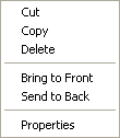 Shown is the pop up menu for a column of data or a text control in a freeform form. It shows the items Cut, Copy, Delete, Bring to Front, Send to Back, and Properties, which is highlighted.