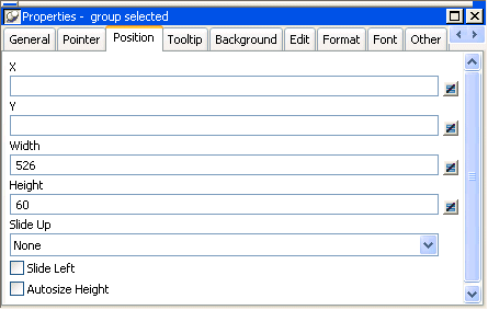 Shown is a sample Position tab page of the Properties view. It displays boxes for window settings.  X is set to 508, Y to 517, Width to 526, Height to 57. Next is a drop down list box labeled Slide up with the value None and cleared check boxes for Slide Left and Autosize Height.
