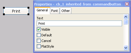 The sample shows a gray rectangle with a button positioned at lower left and  labeled My Button, and the General tab page of the Properties dialog box at right. The dialog box has a text box with the entry "My button," a selected check box labeled Visible, and cleared check boxes for Default and Cancel.