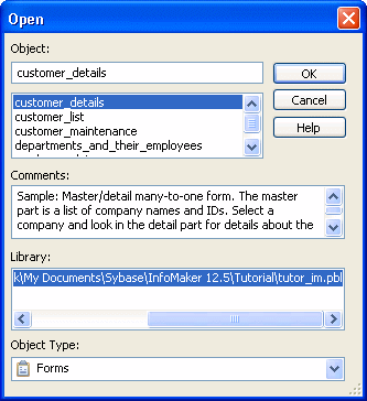 The sample shows the Open dialog box with the Object emp _ total _ compensation displayed in the Object box at the top and selected from a scrollable list of objects underneath it. Next is a comments box that describes the object as a tabular report showing total compensation for all employees. Below this is the Library where the object resides. At bottom is an Object Type box displaying the type Reports.