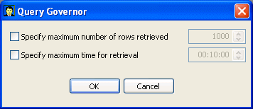 Shown is a sample Query Governor dialog box. It has cleared check boxes labeled Specify maximum number of rows retrieved and Specify maximum time for retrieval. Next to each is a spin control for selecting a value.