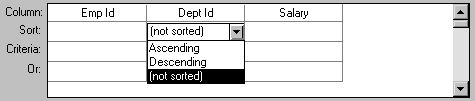 The sample shows the grid from the bottom of the Quick Select dialog box. For the Column row, Department I D is selected. For the Sort row, the example shows the drop down list that lets you specify whether the retrieved rows should be sorted in Ascending or Descending order, or remain unsorted.