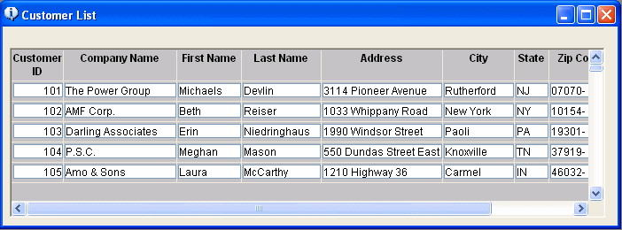 The sample grid form displays eight rows of data in columns labeled Customer I D, First Name, Last Name, Address, and City.