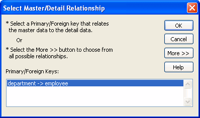 Shown is the Select Master/Detail Relationship dialog box . It instructs the user to select a primary / foreign key that relates the master data to the detail data or to select the More >> button to choose from all possible relationships. Below this is a scrollable display area labeled Primary / Foreign Keys: displaying the entry department > employee.