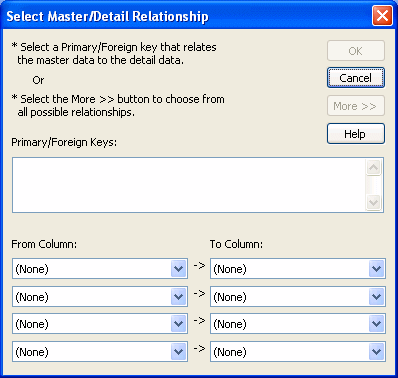 Shown is the SElect Master / Detail RElationship dialog box with all the same information as in the previous illustration, but with areas lableled From Column and To Column at bottom. Each has four drop downs for specifying key relationships.