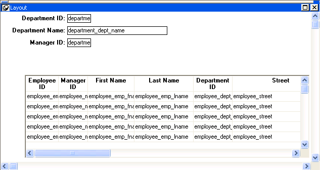 Shown is a master/detail one-to-many form. At top are fields labeled Department I D, Department Name, and Manager I D. At bottom is a grid showing employee I D, Manager I D, First Name, Last Name, Department I D, and Street. All the fields show the names of the table columns whose data will be displayed there in the actual form.