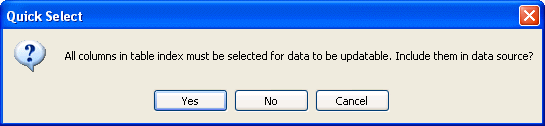 Shown is the Quick Select dialog box with a question mark inside a bubble icon and the text "All columns in table that do not allow null values must be selected for rows to be inserted. Include them in data source?" Below the message are Yes, No, and Cancel buttons.