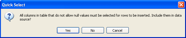 The message box says all columns in table that do not allow null values must be selected for rows to be inserted.