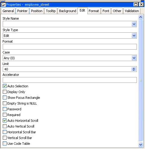 For employee _ data - Form, the sample shows the Layout view at left with the column employee _ street selected. At right is the Edit tab of the Properties view for this column, which has, from top to bottom, a drop down list box for Style Name, a drop down for Style Type with Edit selected, a text box for Format, a drop down for Case, a spin control for Limit that is set to 40, a text box for Accelerator, and check boxes for Auto Selection, Display Only, Show Focus Rectangle, Empty String is NULL, Password, Required, and Auto Horizontal Scroll. The first and last check boxes are selected. 