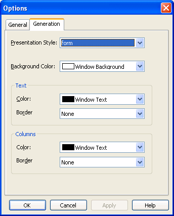 Shown is the Generation tab page of the Options dialog box. At top is a drop down for Presentation Style with form selected, a drop down for Background Color with Window Background selected, then a Text group box and a Columns group box, each with drop downs for Color set to Window Text and Border set to None. 