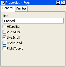 Shown is the general tab page of the Properties view. It has a drop down for Color with the entry Silver, a Title box with the title Employee Data, and check boxes for H Scroll Bar, V Scroll Bar, Live Scroll, which is selected, then H Split Scroll and Right To Left.