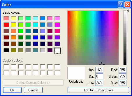 The sample displays the Color dialog box. At top left is an area labeled Basic colors with eight columns and six rows of boxes displaying basic colors. Below it is a Custom colors area of sixteen boxes in two rows with a button labeled Define Custom Colors. At right is the Color Matrix, a large rectangle that displays the selected color, and next to it a narrow slider for adjusting the color in the matrix. At bottom right are a small display box labeled Color / Solid and boxes with values for Hue, Sat, Lum, Red, Green, and Blue. At bottom right is an Add to Custom Colors button.