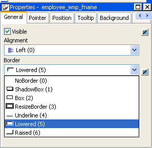 Shown is the General page in the Properties view. At top, a drop down list box for Alignment displays the value Left ( 0 ), then a Border drop down shows the choices No Border ( 0 ), which is selected, then Shadow Box ( 1 ), Box ( 2 ), Resize Border ( 3 ), Underline ( 4 ), Lowered ( 5 ), Raised ( 6 ).