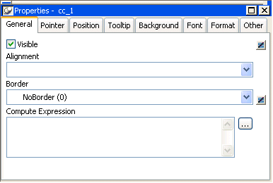 Shown is the General tab page of the Properties view with drop down list boxes for Alignment, which is blank, and Border, with the value No Border ( 0 ). At bottom is a scrollable display area labeled Compute Expression.