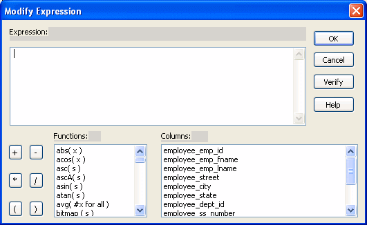 The sample shows the Modify Expression dialog box. At top is a scrollable input area labeled Expression. At bottom left are buttons with the symbols for addition, subtraction, equals, and division, and right and left parentheses. Next are a scrollable display of Functions such as abs ( x ) and asc ( s ) and a scrollable display of Columns showing column names such as employee _ street and employee _ city.