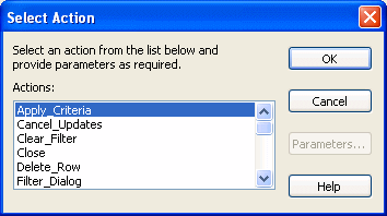 The sample shows the Select Action dialog box. AT top is the text "Select an action from the list below and provide parameters as required," then a scrollable display labeled Actions with entries such as Cancel _ Updates, Clear _ Filter, and Apply _ Criteria, which is highlighted.