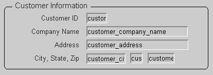 The sample shows a rectangle with rounded corners and the label Customer Information. Grouped within the rectangle are labeled fields with values for Customer I D, Company Name, Address, City, State, and Zip.