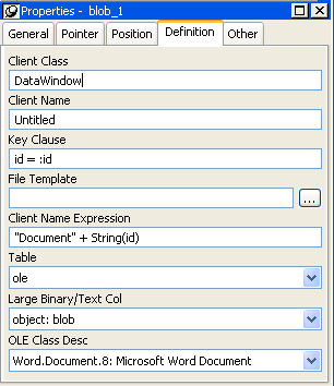 The sample shows a completed definition page. The fields displayed are Client Class with the entry Data Window, Client Name of Untitled, Key Clause with the value i d = : id, File Template, which is blank, Client Name Expression with the entry " Document " + String ( i d ), Table with the entry D B A dot o l e, Large Binary / Text Col with the entry object : blob, and OLE Class D e s c with the entry Word dot Document dot 8 : Microsoft Word Document.