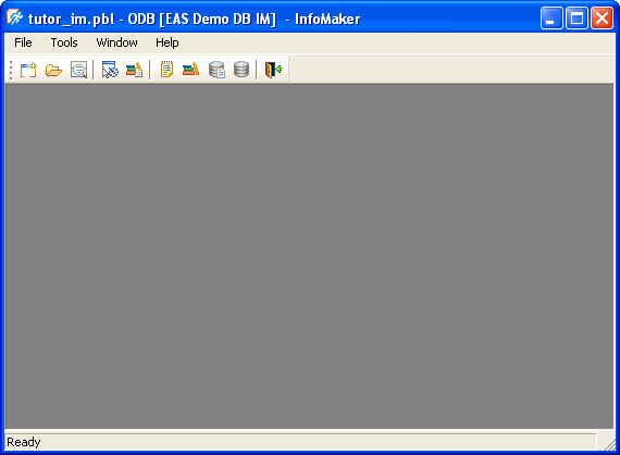 The sample shows the window that displays when Info Maker starts. Across the top is a menu bar showing the items File, Tools, Window, and Help. Below this is the PowerBar with the icons users can click as an alternative to using menus. The icons shown are for performing  tasks such as creating a new object, opening an existing object, changing libraries, or accessing a database.