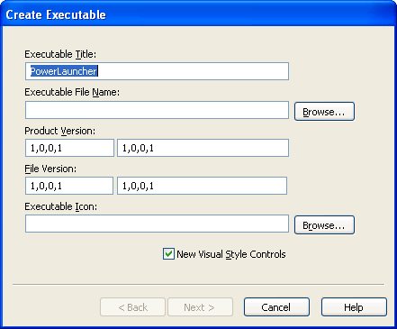 The sample shows the Create Executable dialog box. At top is a text box labeled Executable Title with the entry Power Launcher, then a box for Executable File Name with a browse button, two Product Version fields, each with the value 1.0.0.1, two File Version fields with the value 1.0.0.1, and an Executable Icon field with a Browse button.