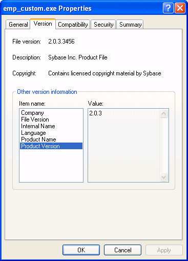 The sample shows the Version tab page of the Properties dialog box for the executable file. At top is the text  "File version: 2.0.3 Build 3456, Description: Sybase Inc. Product File, Copyright: Contains licensed copyright material by Sybase." Next is a group box labeled Other version information with an Item Name list at left displaying entries like Company Name and Internal Name and the highlighted entry Product Version, and to its right, a scrollable Value box with the entry 9.0.0.