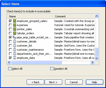 The sample shows the Select Items dialog box with the text "Check item ( s ) to include in executable:" and columns titled name and comment. The name column has a list of check boxes with icons and text identifying reports, forms, and pipelines. Selected are a sample report called emp _ total _ compensation, a pipeline called pipe _ emp _ table _ ex t a t t _ n e w n, and the form employee _ data. In the column labeled Comment is text describing each item in the list.
