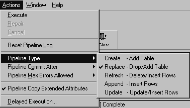 Shown is the Actions menu with the Pipeline Type option highlighted and its submenu displayed. The Pipeline Type options include Create - Add Table, Replace - Drop / Add Table, which is checked, Refresh - Delete / Insert Rows, Append - Insert Rows, and Update - Update / Insert Rows. 