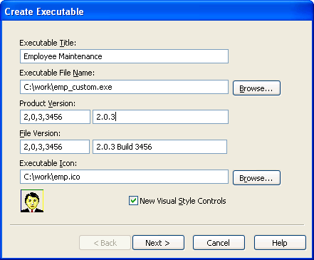 The sample shows the Create Executable dialog box. At top is a text box labeled Executable Title with the entry Power Launcher, then a box for Executable File Name with a browse button and the entry d: backslash work backslash resources backslash emp _ custom dot e x e, two Product Version fields, each with the value 1.0.0.1, two File Version fields with the value 1.0.0.1, and an Executable Icon field with a Browse button and the entry D: backslash work backslash Resources backslash e m p dot i c o.