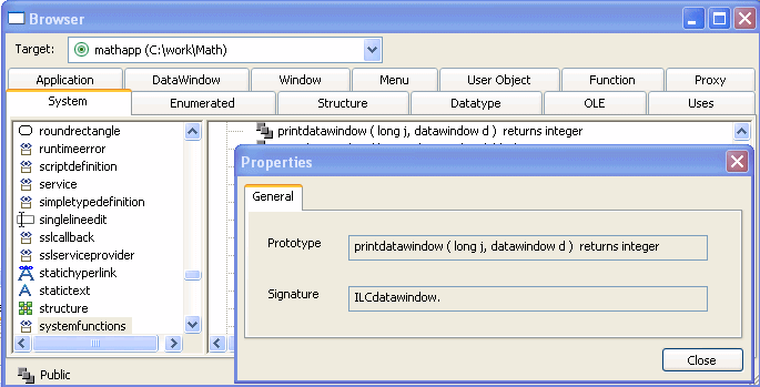 Shown is the System tab page with the entry system functions highlighted in the left pane and functions listed in the right pane. Superimposed on these is the General tab of the Properties screen, with a Prototype field  displaying print data window ( long j, data window child c ) returns integer and the Signature field displaying I L C data window child..