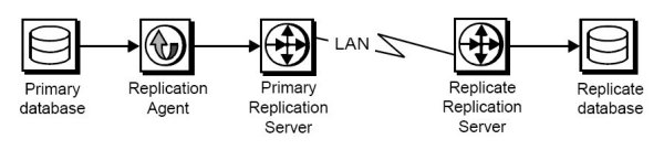A typical replication system consists of a primary database, a Replication Agent instance, one or more Replication Server intances, and a replicate database.