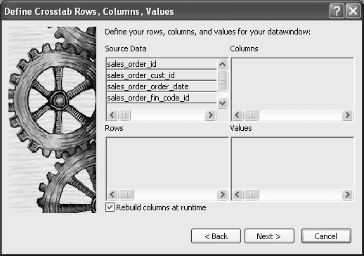 The sample is titled Define Crosstab Rows, Columns, Values. On the left are icons representing a general variety of crosstabs. On the right are four boxes listing Source Data, Columns, Rows, and Values. Above them is the prompt "Define your rows, columns, and values for your data window:" The Source data box includes rep, quarter, product, and units. Under Columns is the quarter column. Under Rows is the product row. Under Values is the expression sum( units for cross tab ). At the bottom is a selected check box labeled Rebuild columns at runtime. 