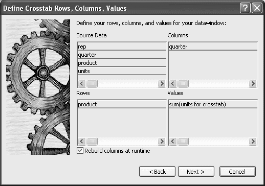 The sample is titled Define Crosstab Rows, Columns, Values. On the left are icons representing a general variety of crosstabs. On the right are four boxes listing Source Data, Columns, Rows, and Values. Above them is the prompt "Define your rows, columns, and values for your data window:" The Source data box includes rep, quarter, product, and units. Under Columns is the quarter column. Under Rows is the product row. Under Values is the expression sum( units for cross tab ). At the bottom the check box labeled Rebuild columns at runtime is shown as selected. 