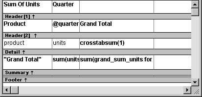 The sample in the Design view shows Header 1 at the top as Sum of Units and Quarter. Next is Header 2, shown as product, @ quarter, and Grand Total. Next is Detail, which includes product, units, and crosstabsum ( 1 ). Next is Summary, shown as "Grand Total" and the expression sum ( unitssum ( grand _ sum _ units for. Last is footer, with no footer text displayed. 