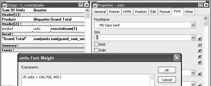 The sample shows the Design view for a DataWindow with the units column selected. Superimposed on this is a dialog box labeled units dot Font dot Weight. Under Expression : is displayed the expression if ( units > 100, 700, 400. Under this is a box listing available functions and a box listing the columns product, units, and grand _ sum _ units.