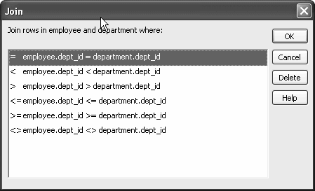 The sample shows the Join dialog box. The prompt at top says "Join rows in employee and department where:" and below it is a scrollable list of all available join operators.