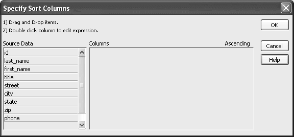 The sample shows the Specify Sort Columns dialog box. At top are instructions to drag and drop items and to double click any items you want to edit. A Source Data area displays the columns that you can drag and drop into  the Columns box at right. In the Columns box you can specify whether to sort in Ascending or Descending order.