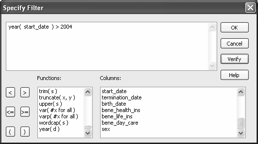 The picture shows the Specify Filter dialog box. Across the top is a scrollable input region. At bottom left are buttons you can click to insert operators in your filter and lists of functions and columns you can paste into the filter.