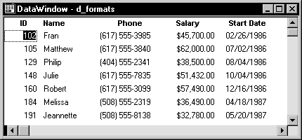 The sample Data Window shows phone numbers formatted, for example, as ( 6 1 7 ) 5 5 5 - 3 9 8 5. It shows salaries formatted, for example, as $ 4 5 , 7 0 0 point 0 0. It shows start dates formatted, for example, as 0 2 / 2 6 / 1 9 8 6.  