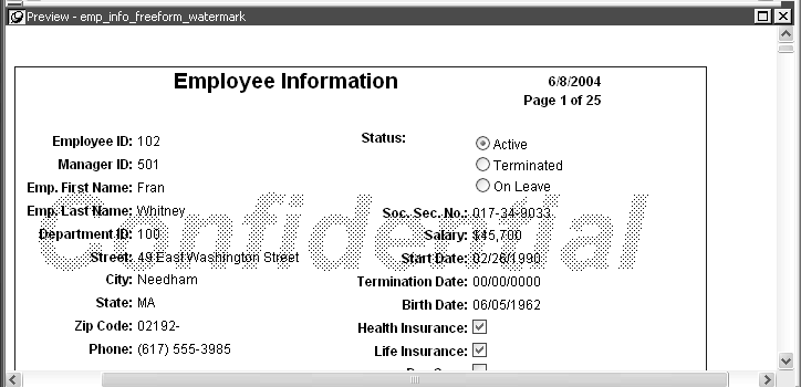 The sample for the Freeform presentation style is titled Employee Information. It presents data for one employee, with the data columns going down the page in one group on the left and one on the right. To the left of each piece of data is a label, such as Emp. First Name: to the left of the first name, or Status: next to three radio buttons labeled Active, Terminated, and On Leave.