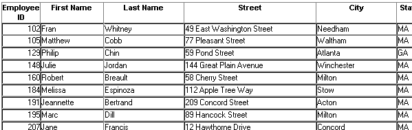 The sample for the Grid presentation style shows data in row-and-column format with grid lines separating rows and columns. The columns for the grid report have extra white space to the right of the data, and only six  columns fit in the display, Employee I D, First Name, Last Name, Street, City, and State.