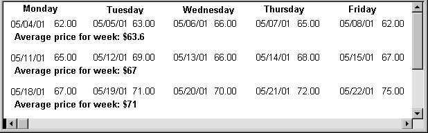 The sample n up Data Window object shown in Preview view has five headings labeled Monday through Friday. Under these are a date and price for each day in a week, followed on a second line by the words Average price for week and a computed value. Data for three weeks is displayed.